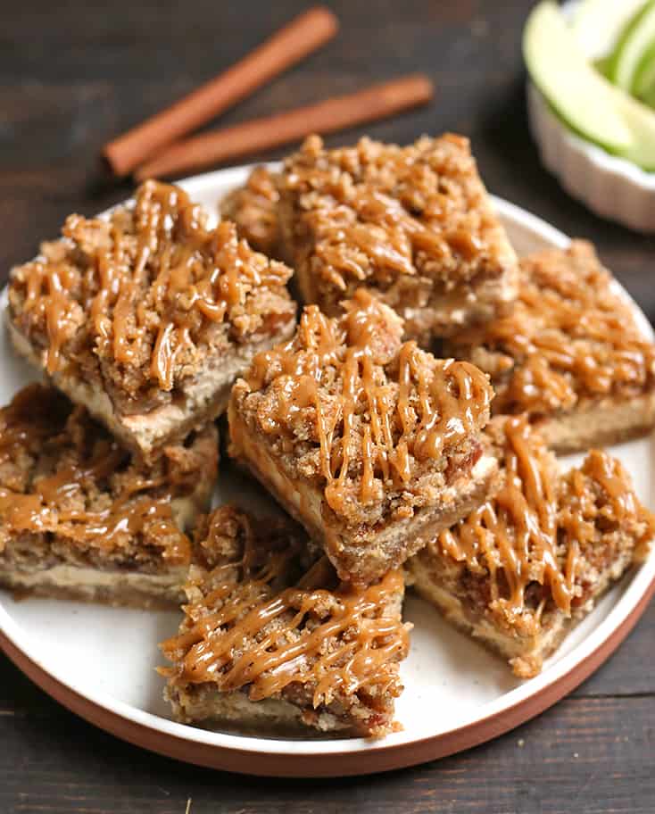 plate of gluten free apple cheesecake bars 