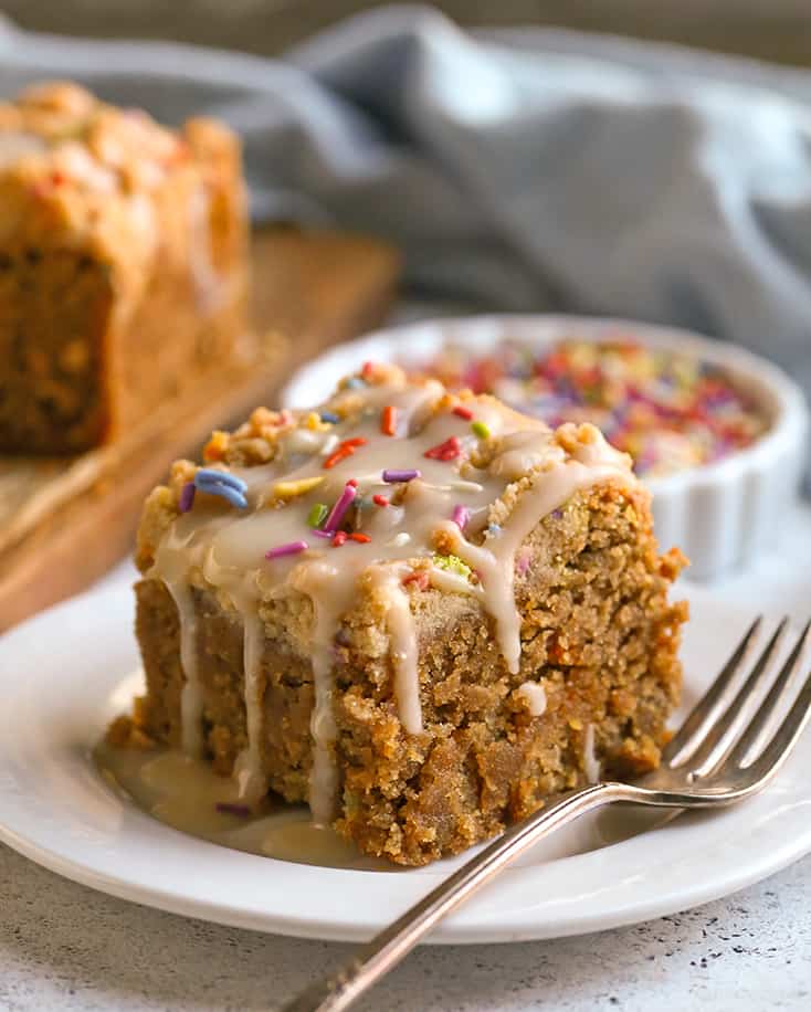 a close up of a piece of paleo funfetti coffee cake 