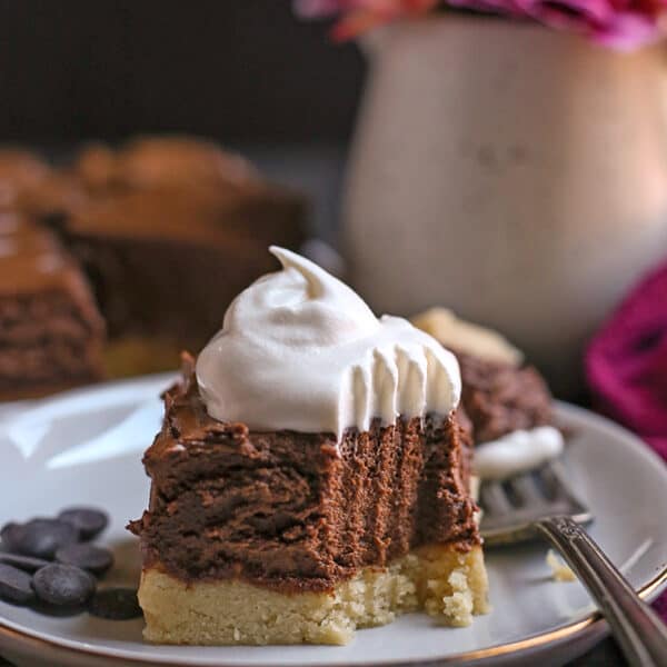A piece of Gluten Free French Silk Pie Bar on a plate.