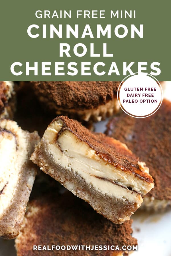 mini cinnamon roll cheesecakes grain free with text 