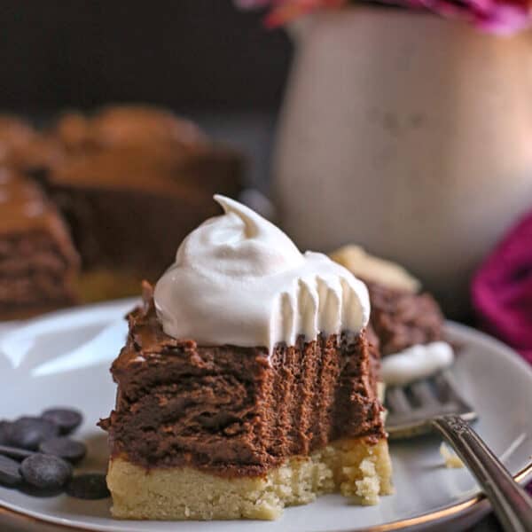 A piece of Gluten Free French Silk Pie Bar on a plate.