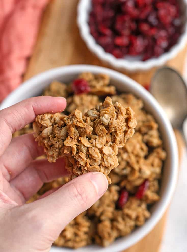 hand holding a gluten free granola cluster 