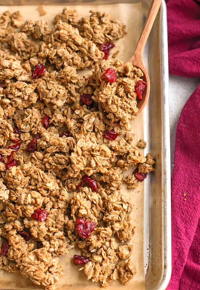 big cluster granola on a sheet tray 