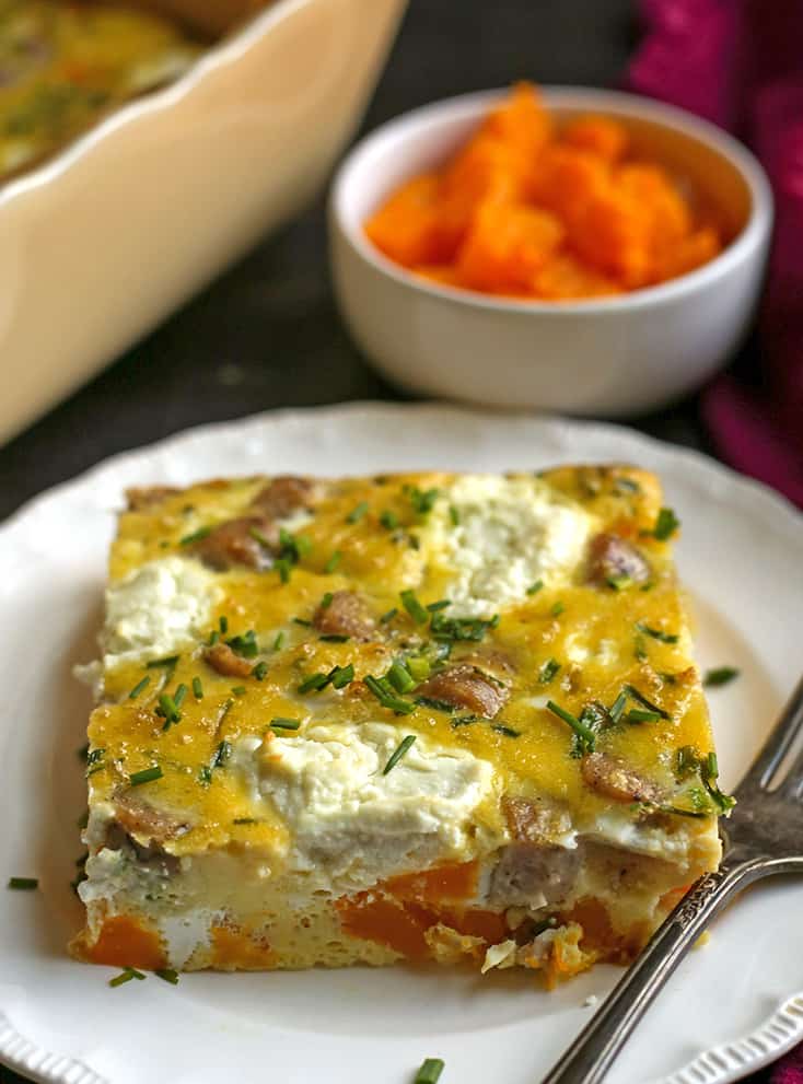 butternut squash goat cheese breakfast casserole on a plate 