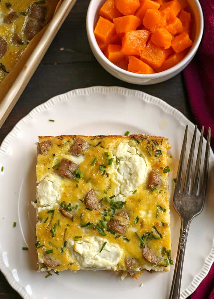 piece of goat sausage egg bake on a plate 