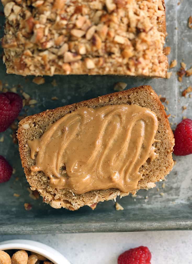 piece of grain free peanut butter bread with a slice cut 