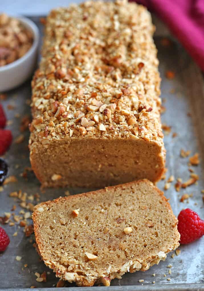 peanut butter donut bread with a slice taken out 