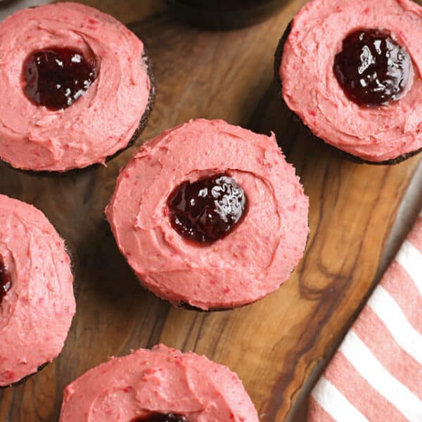 Gluten Free Chocolate Cupcakes with Strawberry Frosting