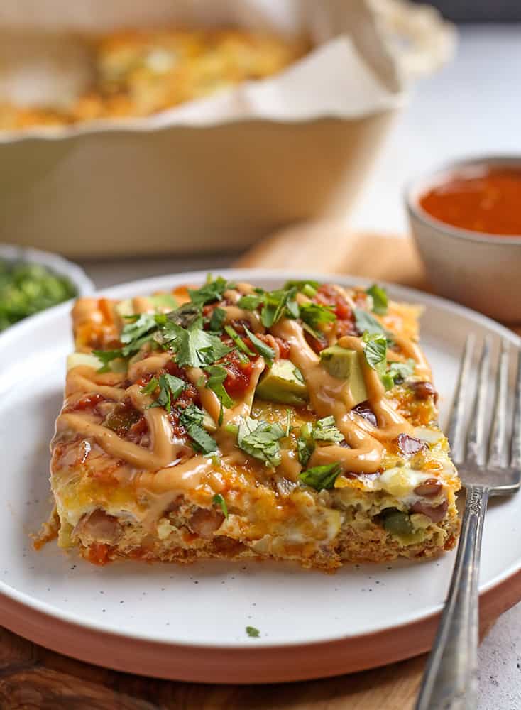close view of the Mexican breakfast casserole, showing the inside 