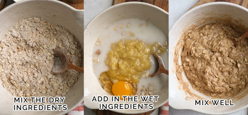 3 process images showing first, the dry ingredients in a bowl, next the wet ingredients added and last the mixture combined. 