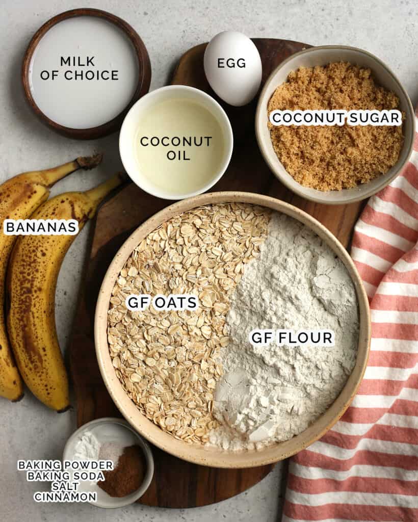 all the ingredients laid out, showing what in the banana muffins. 
