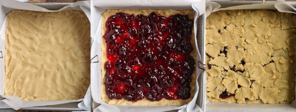 three pictures, the left one being shortbread crust pressed in a square pan, the middle one shows the cherry preserves on top and the right one shows more shortbread on top of the preserves. 