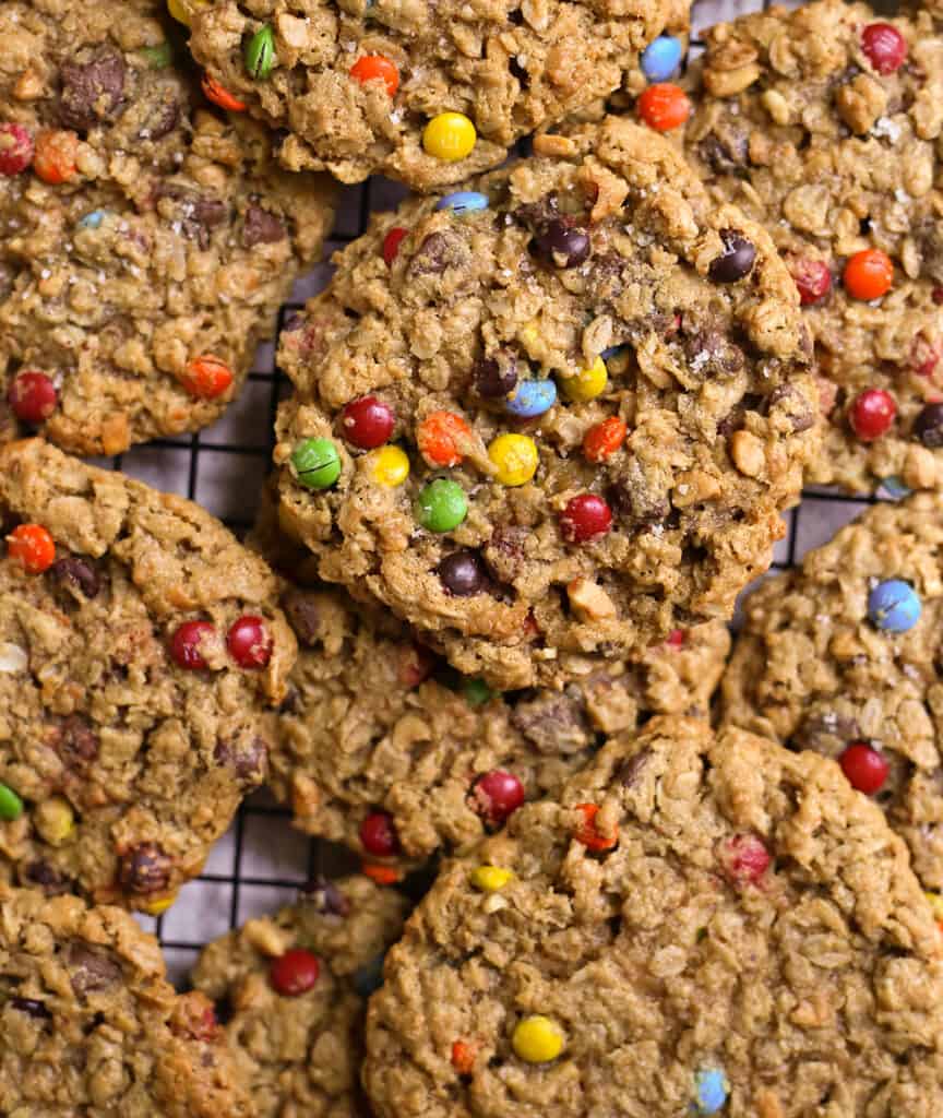 cooling rack full of peanut butter oatmeal cookies. 