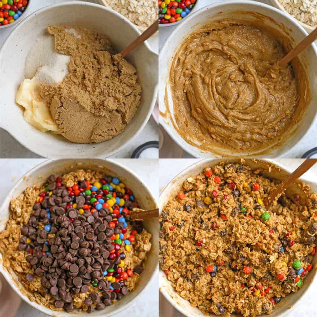 four pictures in a collage showing the process of making peanut butter oatmeal cookies. First picture showing the sugar and butter, the next one with it mixed, the next one with the chocolate chips added and the final one with it all mixed in. 