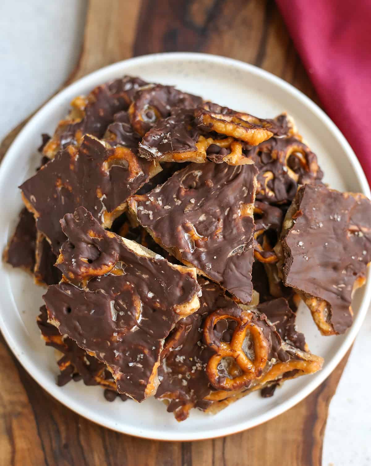 plate of chocolate covered pretzel toffee. 